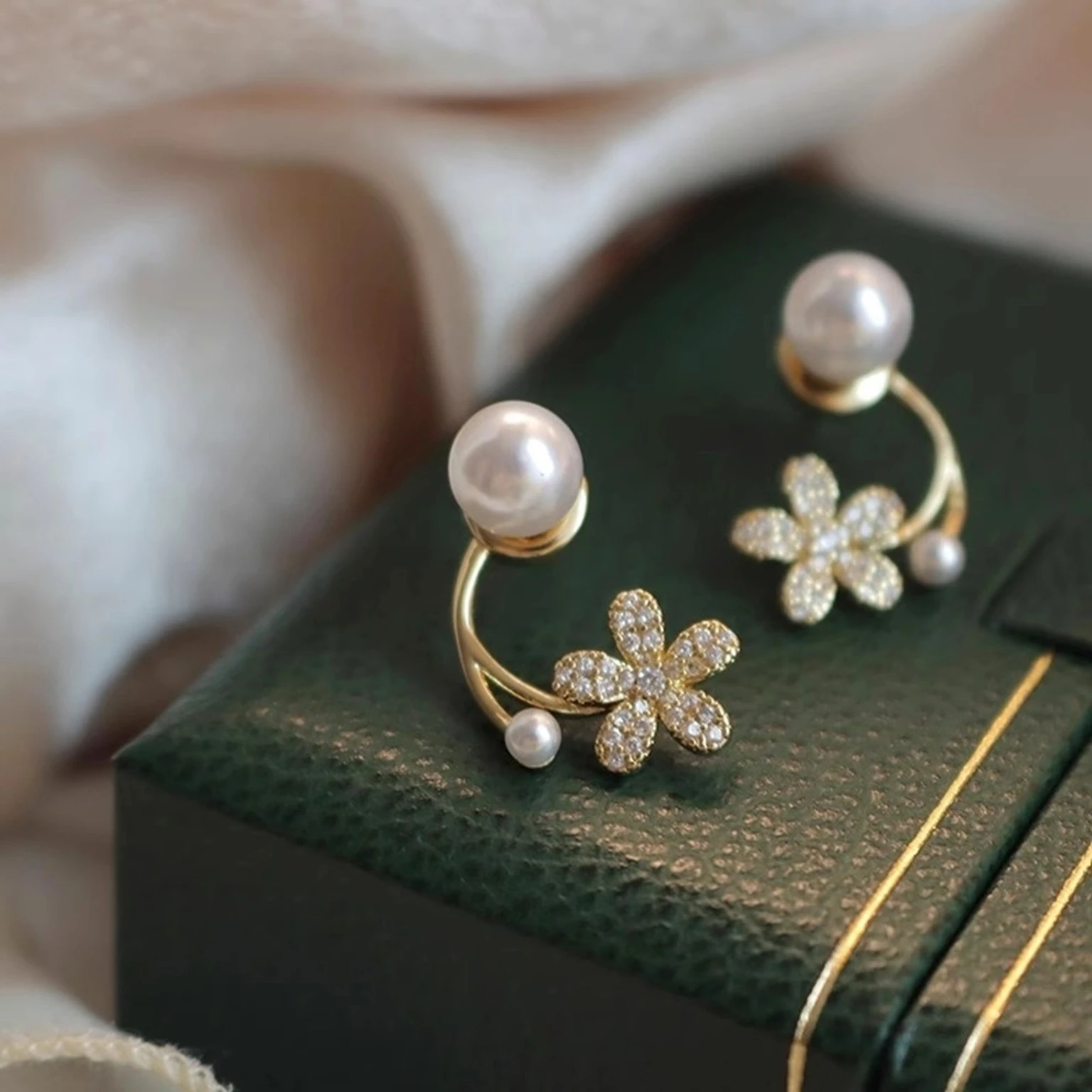 Nehdal Korean Studded Flower White Pearl Stud Earrings For Women/Girls Cubic Zirconia Alloy Stud Earring