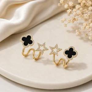MOJ Gold-Plated Black Clover & CZ Star Spiral Earrings for Women & Girls Alloy Cuff Earring