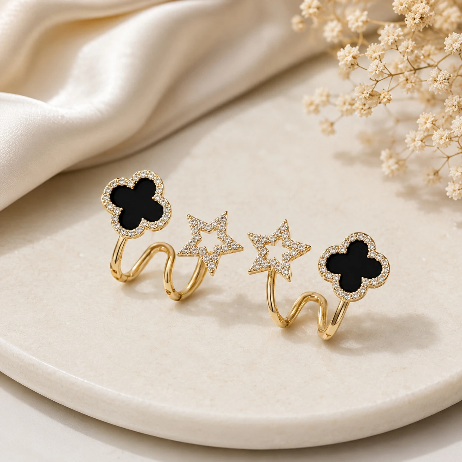 MOJ Gold-Plated Black Clover & CZ Star Spiral Earrings for Women & Girls Alloy Cuff Earring